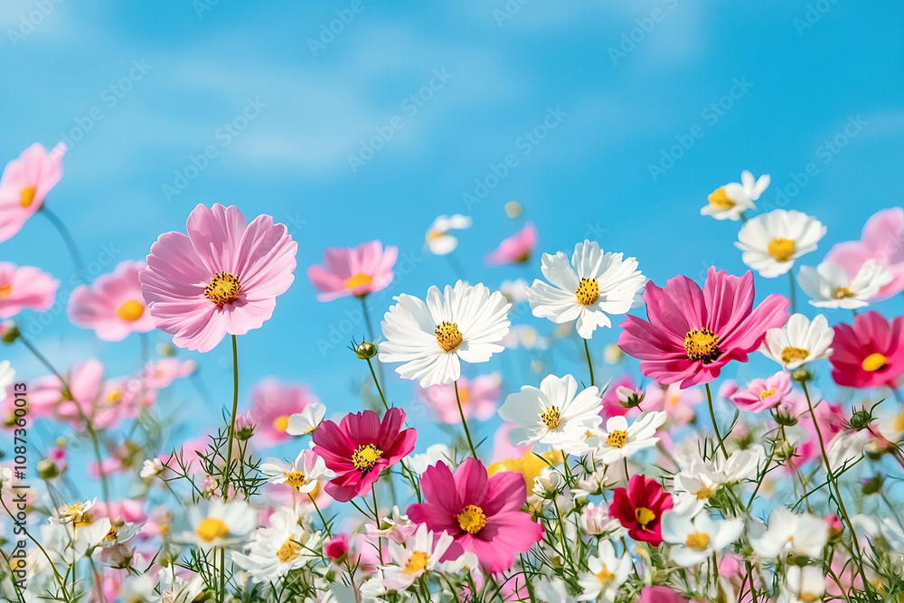 Vibrant cosmos flower field with pink, white, and red blooms under blue sky, creating cheerful and serene atmosphere Vibrant cosmos flower field with pink, white, and red blooms under blue sky, creating cheerful and serene atmosphere