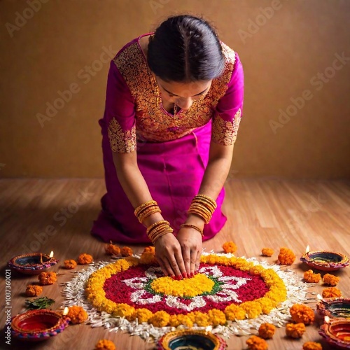 Illustrate an overhead full shot of a female adult performing religious prayers during Diwali, with rack focus moving from the intricate rangoli design to the participant as she bows her head in praye photo