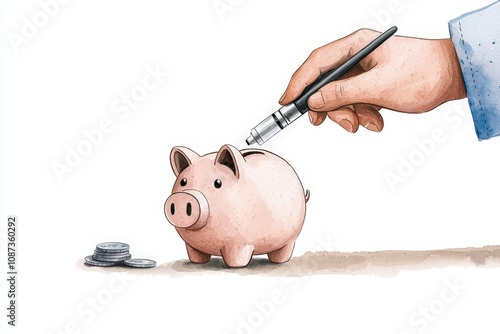 A hand inserting a coin into a piggy bank, symbolizing saving and financial growth. photo