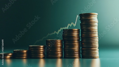 Stacked coins with a rising graph, symbolizing financial growth and investment trends.