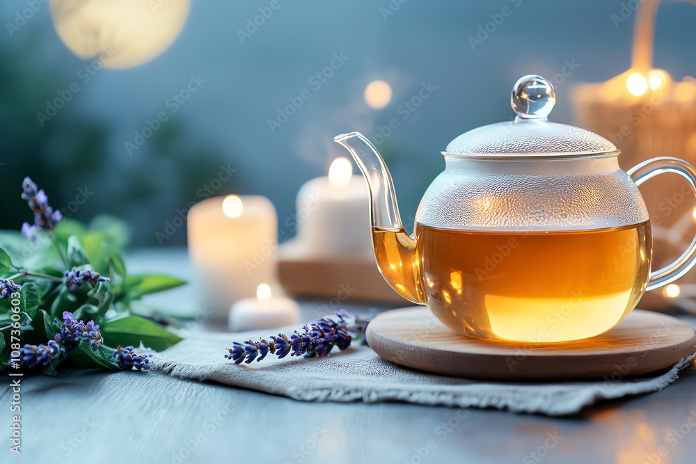 Fototapeta premium A tranquil scene featuring a glass teapot filled with aromatic tea, surrounded by candles and lavender flowers, perfect for relaxation.