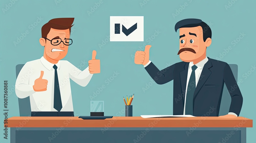 Two Businessmen in a Meeting, One Giving a Thumbs Up and the Other a Thumbs Down Two Businessmen in a Meeting, One Giving a Thumbs Up and the Other a Thumbs Down