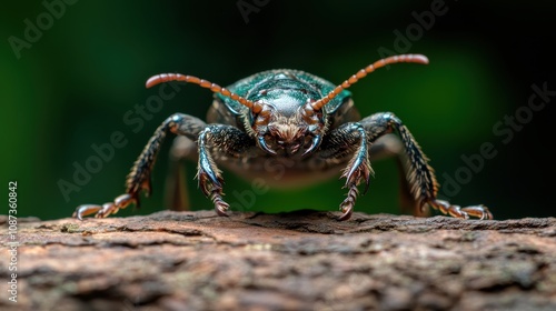 Captured in a macro setting, this beetle exhibits unique orange and black combinations, presenting a captivating view of its antennae and mandibles on tree bark.