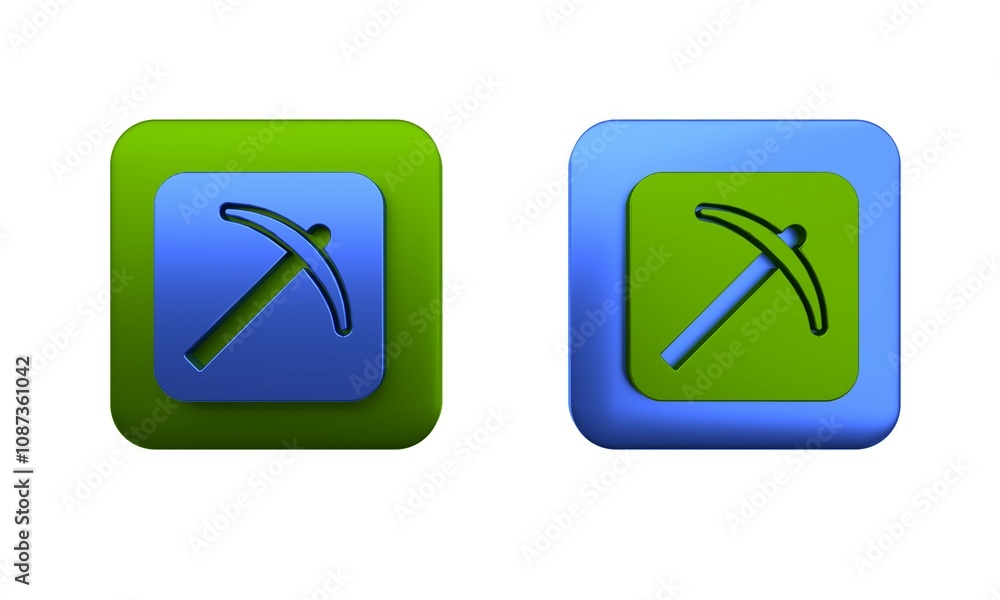 Colorful Pickaxe icon isolated on white background. Square button. 3D render illustration Colorful Pickaxe icon isolated on white background. Square button. 3D render illustration