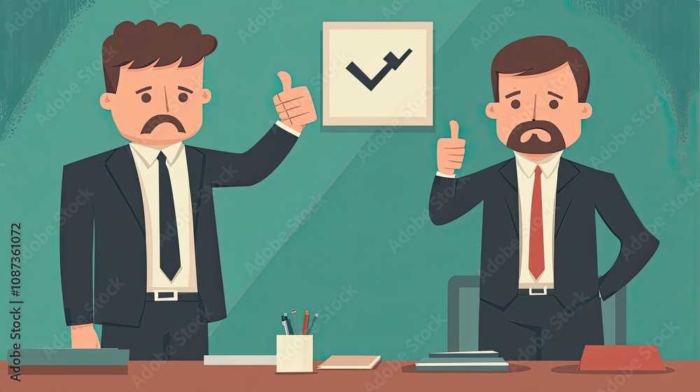 Two Businessmen, One Happy, One Sad, in an Office Setting Two Businessmen, One Happy, One Sad, in an Office Setting