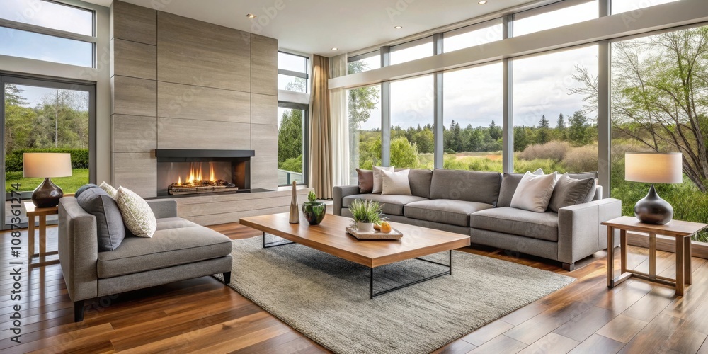 Modern living room with a fireplace, plush sofa, and large windows overlooking a lush forest landscape. Modern living room with a fireplace, plush sofa, and large windows overlooking a lush forest landscape.