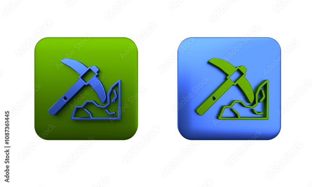 Colorful Gold mining icon isolated on white background. Square button. 3D render illustration