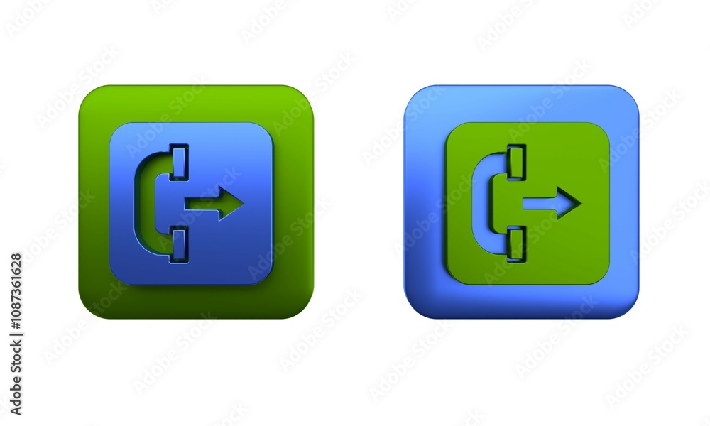 Colorful Outgoing call phone icon isolated on white background. Phone sign. Telephone handset. Square button. 3D render illustration Colorful Outgoing call phone icon isolated on white background. Phone sign. Telephone handset. Square button. 3D render illustration