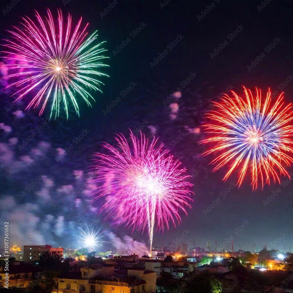 eye-level photo of a Diwali fireworks show, captured in a medium shot. Employ rack focus to bring the colorful fireworks into sharp relief, rest of the scene softly blurred to enhance the vividness an eye-level photo of a Diwali fireworks show, captured in a medium shot. Employ rack focus to bring the colorful fireworks into sharp relief, rest of the scene softly blurred to enhance the vividness an
