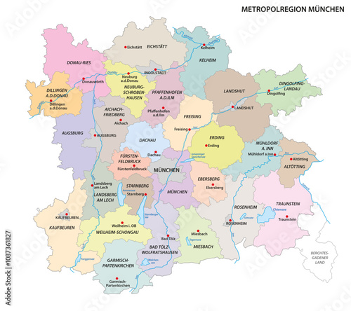 Administrative vector map of the metropolitan region of Munich, Bavaria, Germany