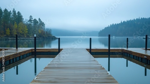 Empty boat dock with a few empty slips and a scenic backdrop of trees and a peaceful harbor