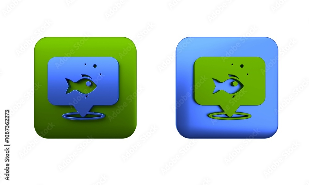 Colorful Fish icon isolated on white background. Square button. 3D render illustration Colorful Fish icon isolated on white background. Square button. 3D render illustration