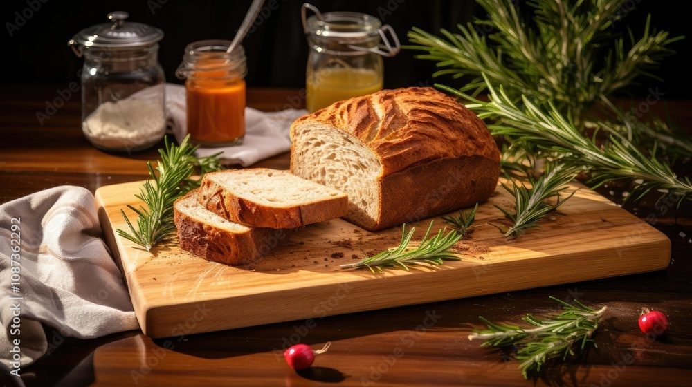 Freshly baked loaf of bread with a sprig of rosemary on a wooden cutting board Freshly baked loaf of bread with a sprig of rosemary on a wooden cutting board