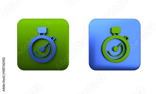 Colorful Stopwatch icon isolated on white background. Time timer sign. Chronometer sign. Square button. 3D render illustration