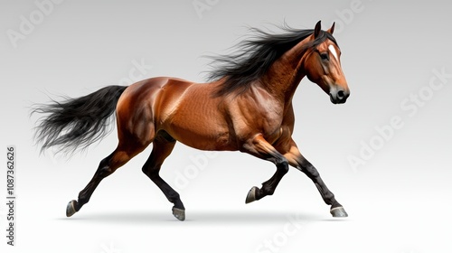 A majestic brown horse galloping gracefully, showcasing its strength and beauty against a neutral background.