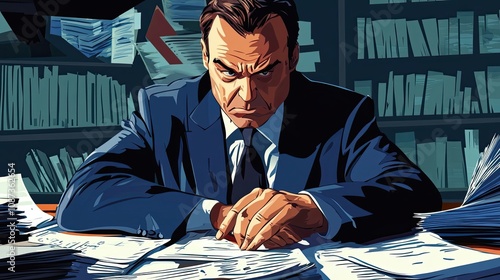 A man in a suit stares intently at a stack of documents photo