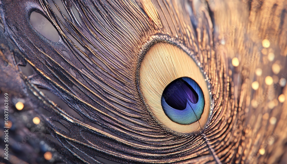 Obraz premium Close-up of a vibrant peacock feather, showcasing intricate details and iridescent colors. The eye of the feather is sharply in focus, highlighting its beauty and texture.