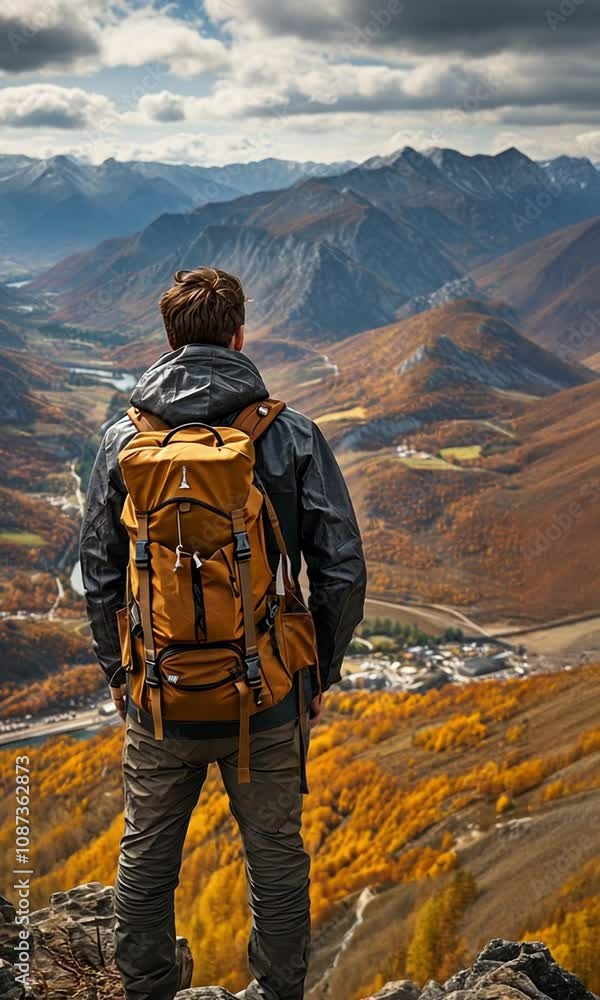 Man on a mountaintop, gazing at the scenery while carrying a rucksack. Concept of travel. Realising your aspirations
Man on a mountaintop, gazing at the scenery while carrying a rucksack. Concept of travel. Realising your aspirations