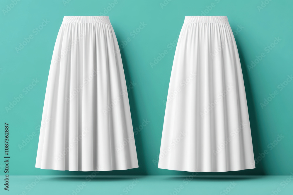 Product mockup, long white skirt displayed from front and back, showcasing its elegant design and flow. Perfect for various occasions and styling options Product mockup, long white skirt displayed from front and back, showcasing its elegant design and flow. Perfect for various occasions and styling options