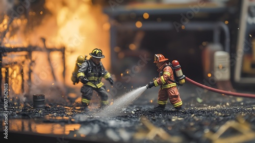 71. Miniature firefighters in action extinguishing a simulated fire scene photo