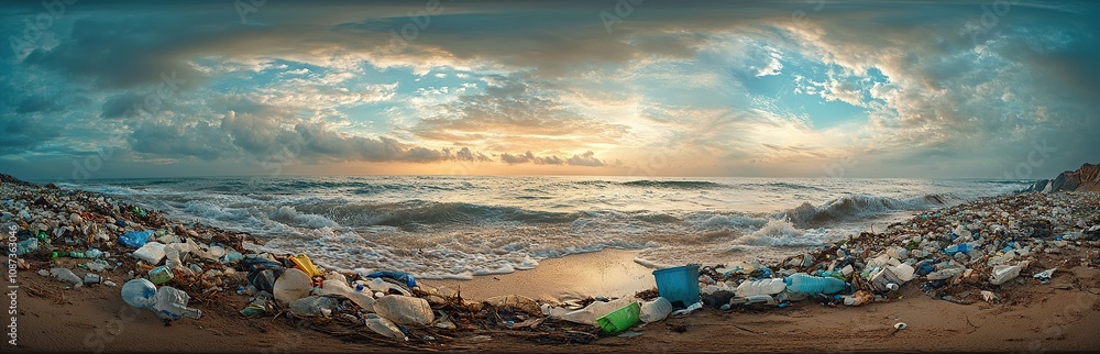 Panoramic photograph of an ocean beach with plastic waste and trash Panoramic photograph of an ocean beach with plastic waste and trash