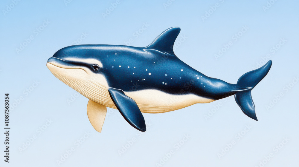 Fototapeta premium playful baby whale swims gracefully against clean blue sky, showcasing its vibrant colors and joyful spirit. This charming marine creature captures essence of ocean life