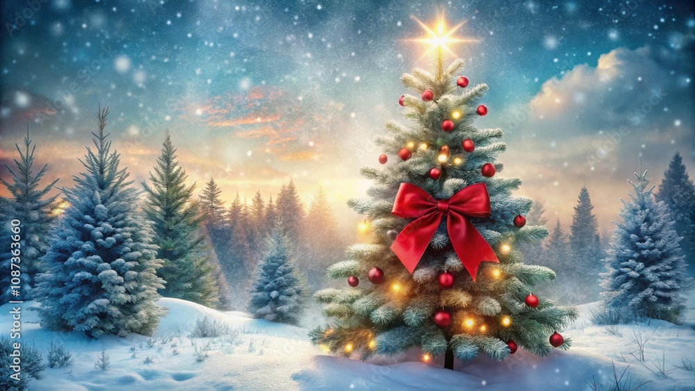 A majestic Christmas tree adorned with red ornaments and twinkling lights stands tall in a snowy forest, a radiant star atop its branches, signaling the arrival of the holiday season. A majestic Christmas tree adorned with red ornaments and twinkling lights stands tall in a snowy forest, a radiant star atop its branches, signaling the arrival of the holiday season.