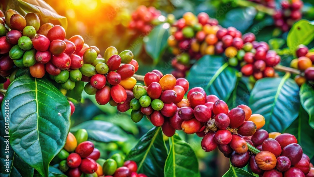 Vibrant Clusters of Coffee Beans Maturing on a Branch with Lush Green Foliage and Sunlight Filtering Through the Canopy Vibrant Clusters of Coffee Beans Maturing on a Branch with Lush Green Foliage and Sunlight Filtering Through the Canopy