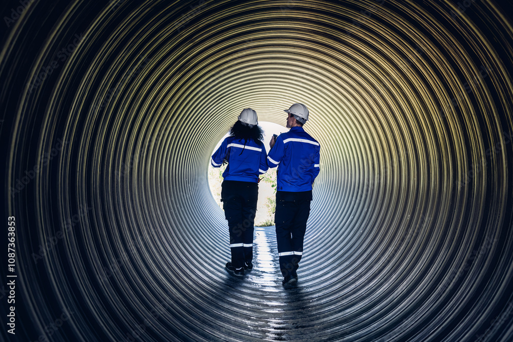 custom made wallpaper toronto digitalIndustry Engineers Walking Inside Circular water Pipe. Engineering or Worker inspection pipe circular. Checking Construction of the water, Oil Natural Gas and fuels Transport Pipeline.
