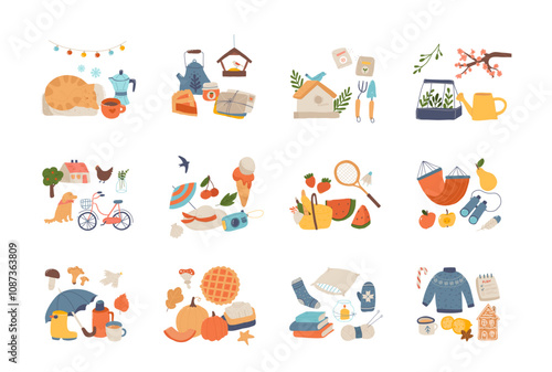Cute seasonal composition isolated set with recreation supplies and holiday celebration accessories