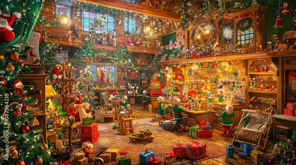 A bustling Santa Claus workshop filled with busy elves making toys, surrounded by colorful decorations and festive lights A bustling Santa Claus workshop filled with busy elves making toys, surrounded by colorful decorations and festive lights