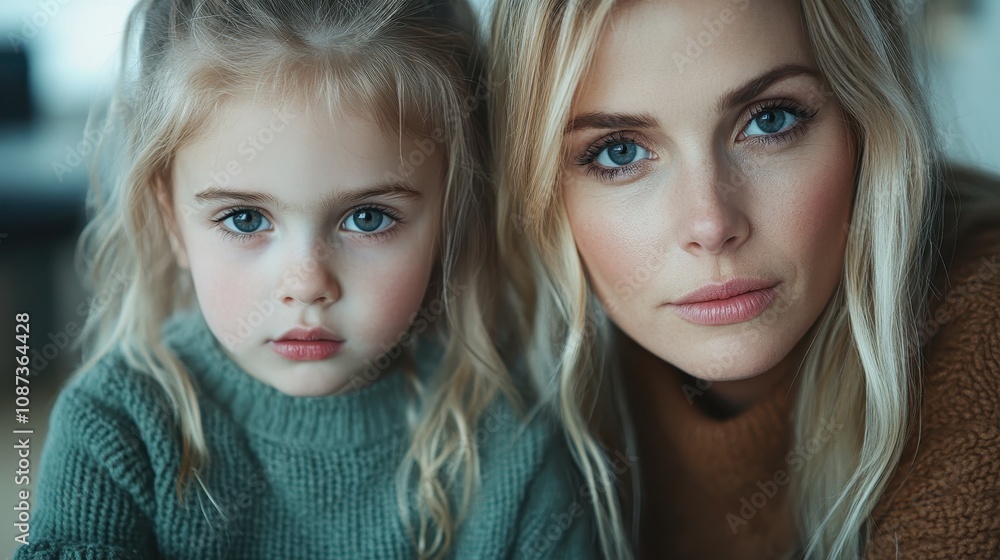 A mother and her young daughter, both with striking blue eyes and flowing blonde hair, gaze intensely at the camera, sharing an intimate moment of connection. A mother and her young daughter, both with striking blue eyes and flowing blonde hair, gaze intensely at the camera, sharing an intimate moment of connection.