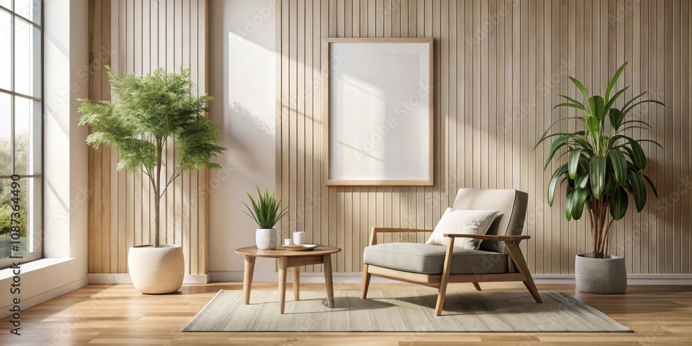 Minimalist living room interior design with a wooden wall, a comfy armchair, a coffee table, and plants Minimalist living room interior design with a wooden wall, a comfy armchair, a coffee table, and plants