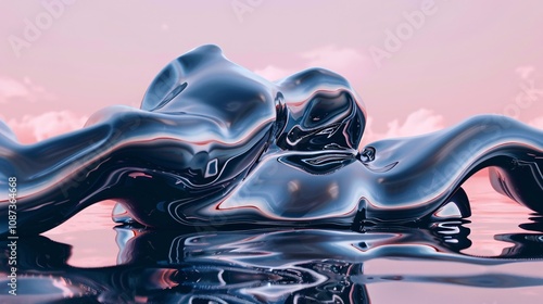 Abstract Liquid Metal Sculpture Reflecting Pink Sunset Sky