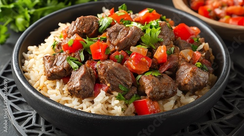 Delicious beef stir-fry served over fluffy rice with fresh vegetables and herbs.