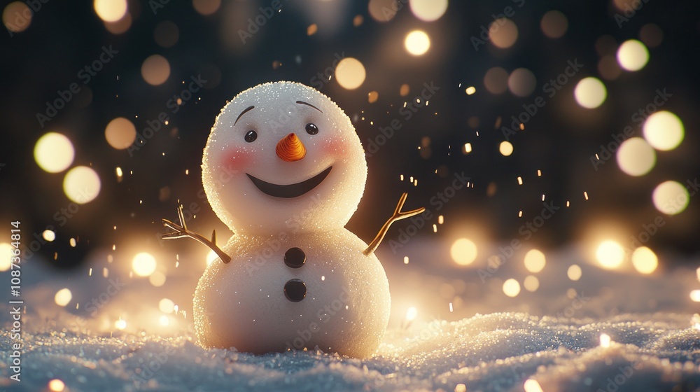 Obraz premium A charming cute snowman with rosy cheeks and a big smile, surrounded by twinkling lights and a snowy backdrop.