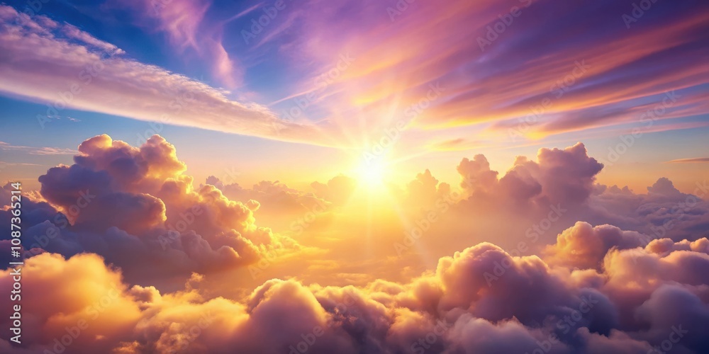 A breathtaking view of golden hour above a sea of clouds, with sunlight radiating through the fluffy formations and painting the sky in hues of vibrant pink and orange. A breathtaking view of golden hour above a sea of clouds, with sunlight radiating through the fluffy formations and painting the sky in hues of vibrant pink and orange.