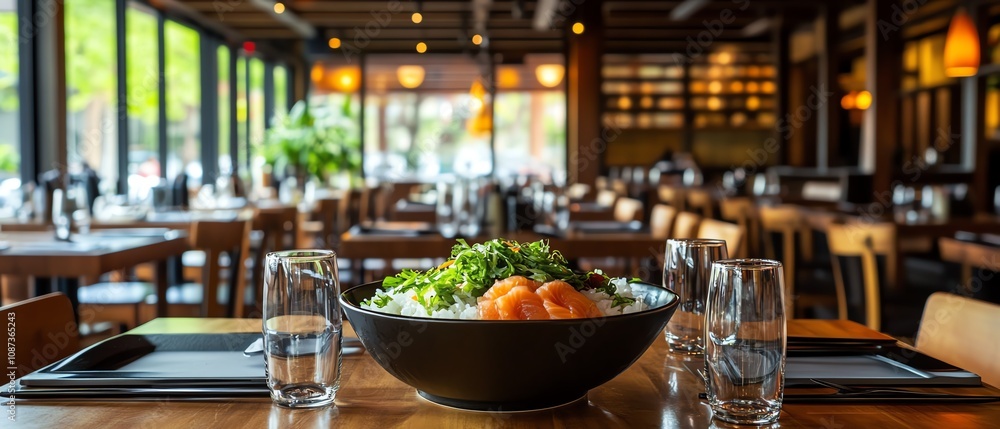 A vibrant salad bowl ready for dining in a modern restaurant setting. A vibrant salad bowl ready for dining in a modern restaurant setting.