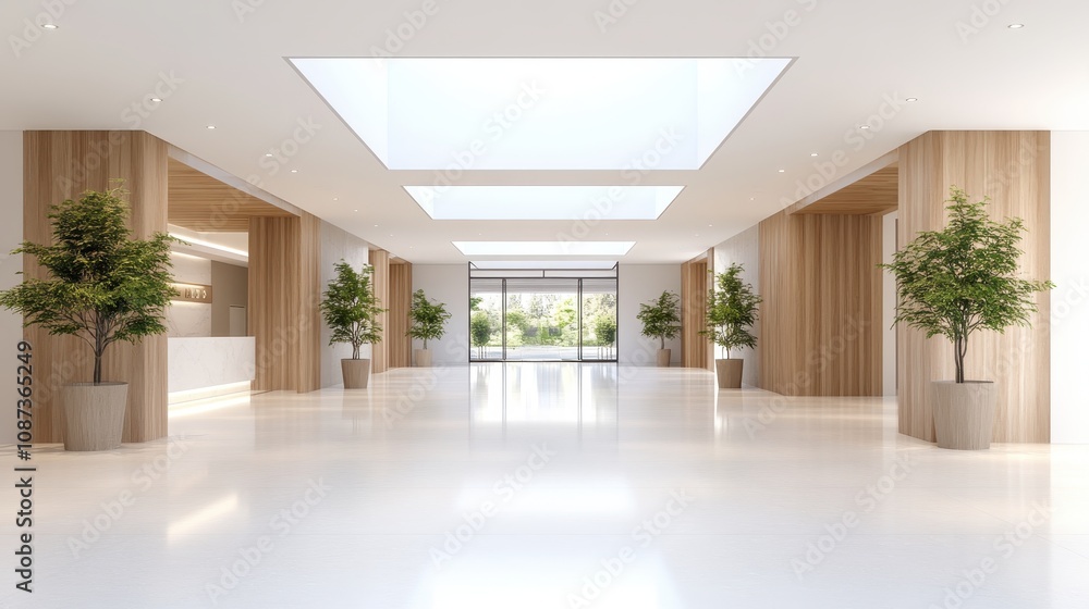 Obraz premium Bright and Minimalist Corridor Featuring Skylights with Lush Greenery and Clean Lines, Ideal for Modern Architecture and Interior Design Concepts