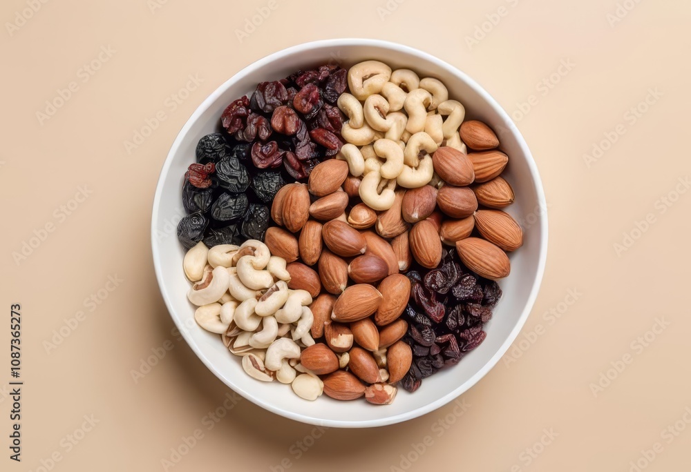 A white bowl filled with a mix of different nuts and raisins on a beige background. A white bowl filled with a mix of different nuts and raisins on a beige background.