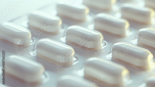 Close-up of partially used blister packs with capsules and tablets on a smooth white surface, highlighting the shiny texture of the packaging, creating a polished and clinical look.