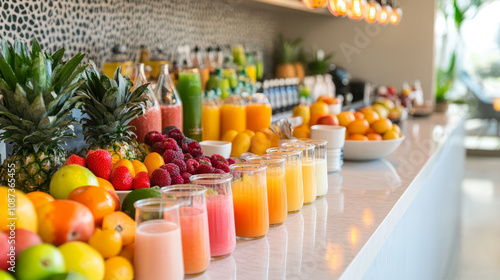 A vibrant fruit juice bar with glasses of freshly squeezed juices and a colorful assortment of fruits