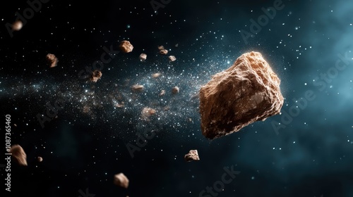 A compelling view of a space rock disintegrating amidst a glowing cosmic explosion, showcasing the drama and chaos of celestial interactions in the universe. photo