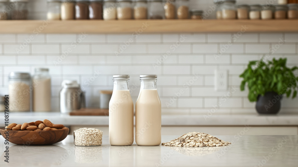 Bottles of creamy plant-based milk on a kitchen counter, surrounded by almonds, oats, and soybeans Bottles of creamy plant-based milk on a kitchen counter, surrounded by almonds, oats, and soybeans