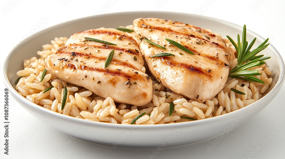 Grilled chicken breast served on a bed of seasoned orzo pasta with herbs. Grilled chicken breast served on a bed of seasoned orzo pasta with herbs.
