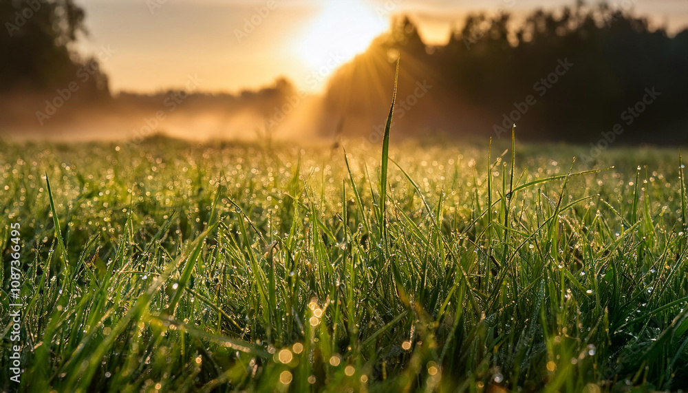 Fototapeta premium Early Morning Scene with Soft Light and Dew on Grass