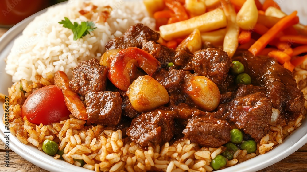 A delicious plate of rice, vegetables, and savory beef stew with fries. A delicious plate of rice, vegetables, and savory beef stew with fries.