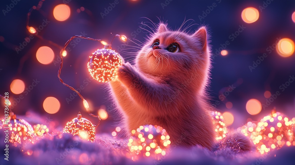A cute kitten plays with glowing orbs amidst a cozy, softly lit background, creating a warm and enchanting atmosphere. A cute kitten plays with glowing orbs amidst a cozy, softly lit background, creating a warm and enchanting atmosphere.