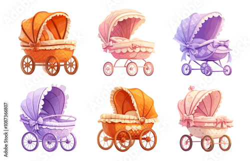 baby carriages cartoon. orange pink purple pram, pushchair children childhood motherhood vector illustration