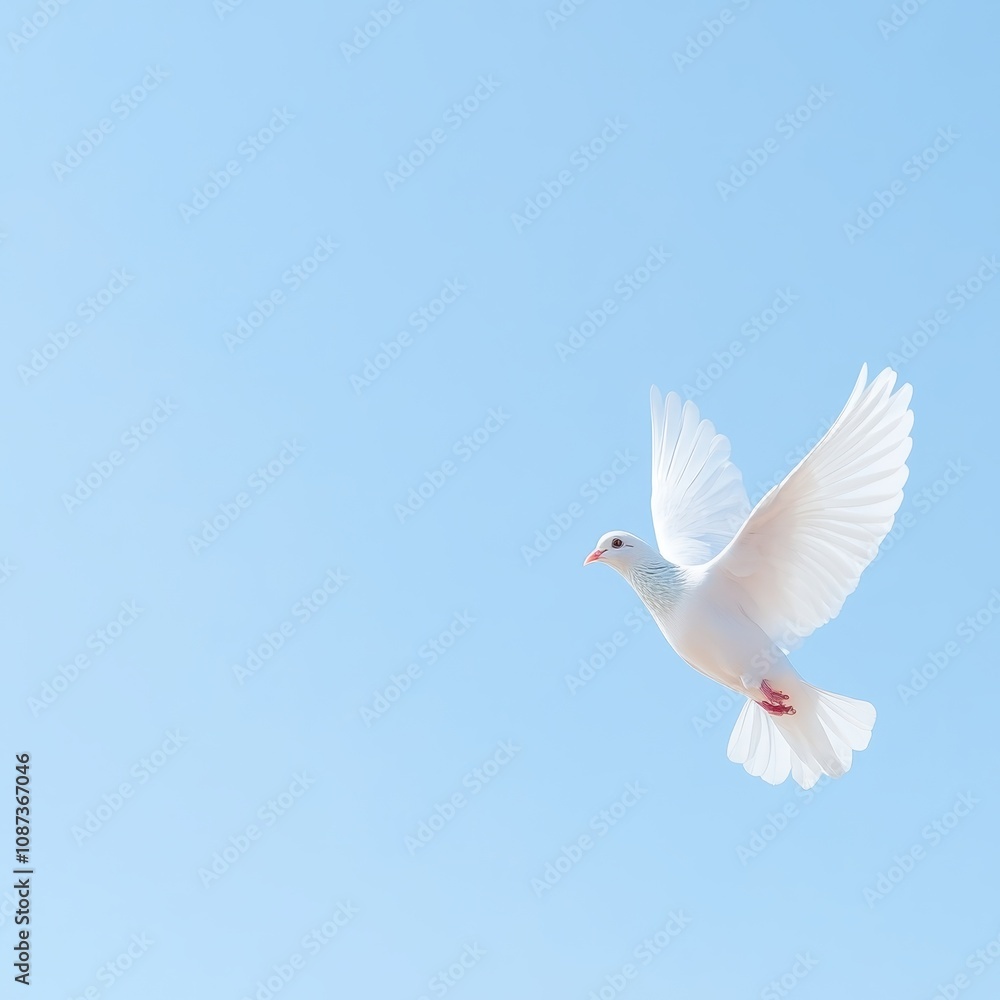 Fototapeta premium A Serene White Dove in Mid-Flight Ascending with an Olive Branch Symbolizing Peace Against a Clear Sky Background